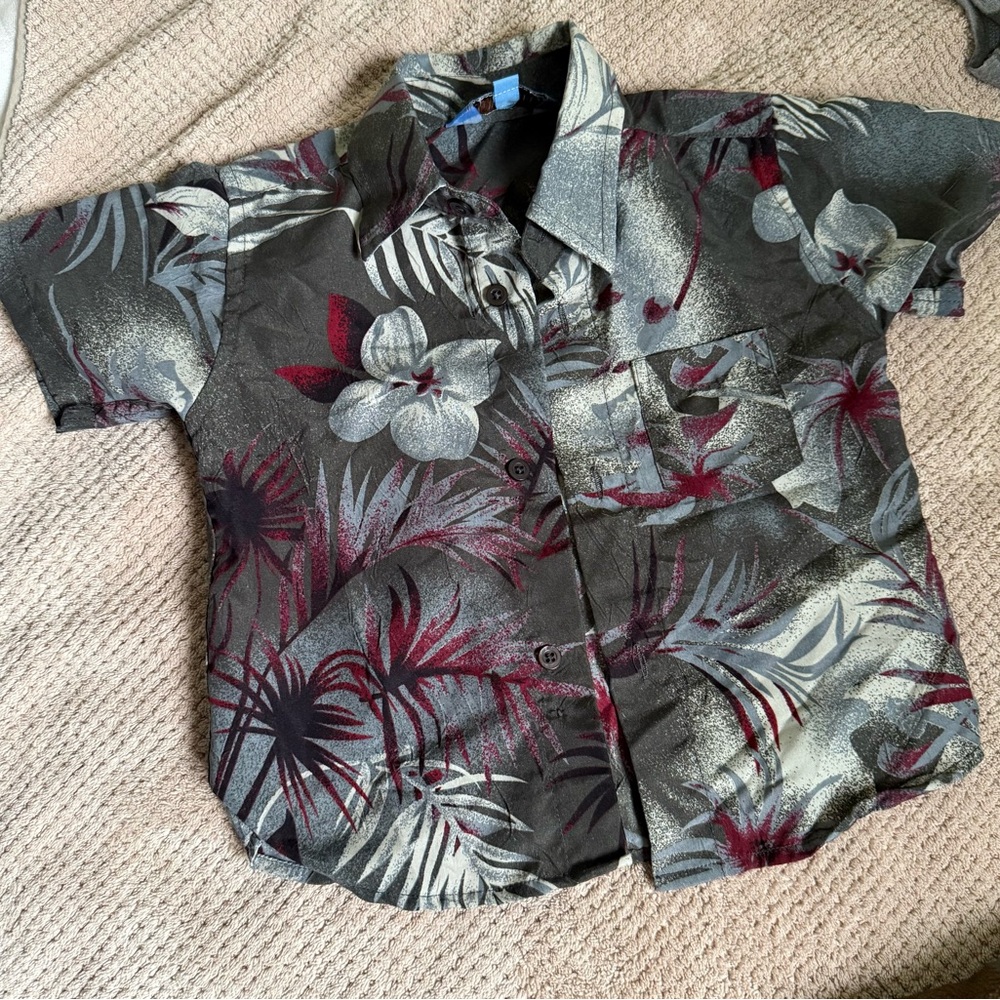 Navy CrewTropical Floral Kids Shirt - Gray and Red